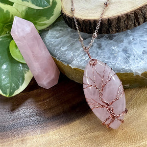 Tree of Life Rose Quartz Pointed Oval Wire Wrapped Pendant 30” Rose Gold Necklace