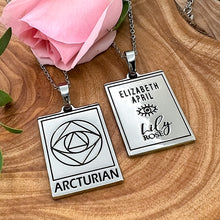 Load image into Gallery viewer, Elizabeth April EA Arcturian 2 Sided Channeled &amp; Attuned Evil Eye Protection Cosmic Species Sacred Geometry Card Tag Pendant 18” White Gold Necklace