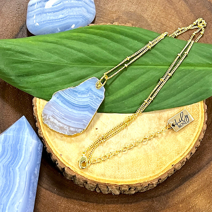 Limited Goddess Blue Lace Agate Slice Pendant 18” Gold Necklace