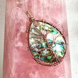 Tree of Life XL Teardrop Abalone Shell Wire Wrapped Pendant 30” Rose Gold Necklace