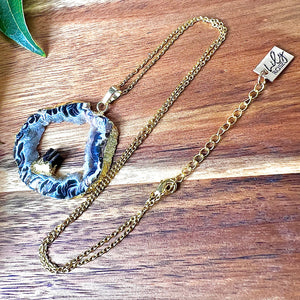 Inner Peace & Protection Druzy Quartz Geode Slice with Black Tourmaline Inside XL Pendant 18" Gold Necklace