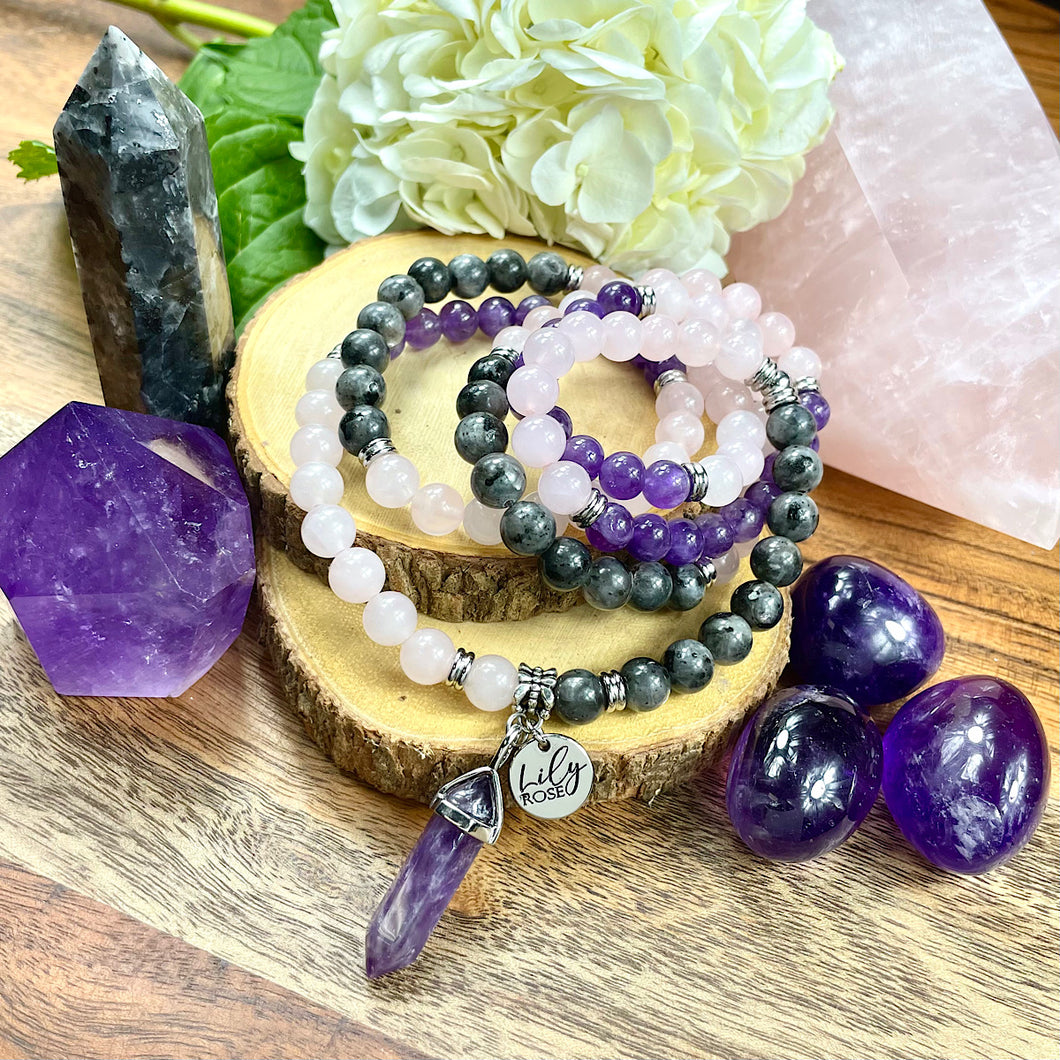 Limited Edition Triple Power Labradorite, Amethyst, Rose Quartz 108 Mala Necklace Bracelet