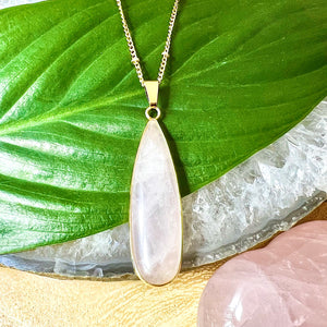 Rose Quartz Long Teardrop All Love Crystal Pendant 18” Gold Necklace