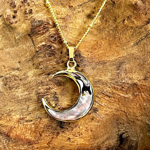 Power Moon Abalone Shell Pendant 18” Gold Necklace