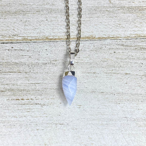 Blue Lace Agate Serenity & Calm Faceted Point Pendant 18" White Gold Necklace