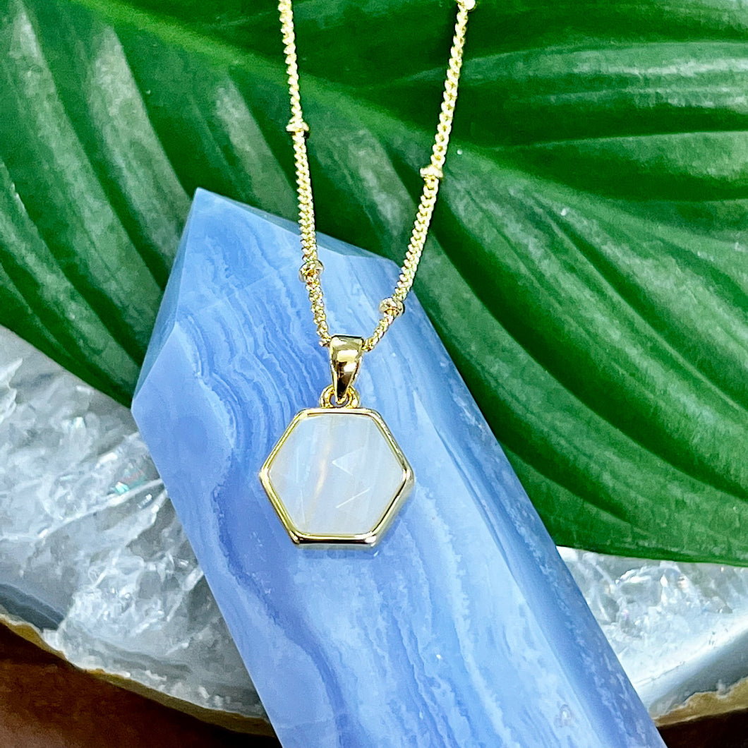 Blue Lace Agate Serenity & Calm Minimalist Faceted Hexagon Pendant 18