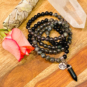 Limited Triple Power Grounding & Stress Reliever Black Onyx Hematite Labradorite 108 Mala Necklace Bracelet