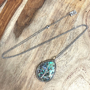 Tree of Life XL Teardrop Abalone Shell Wire Wrapped Pendant 30” White Gold Necklace