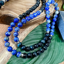 Load image into Gallery viewer, Maddox&#39;s Power of the Hawk Psychic Attack Protection &amp; Inner Child Magic Hawk Eye Lapis Lazuli Shungite 108 Stretch Mala Necklace Bracelet