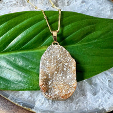 Load image into Gallery viewer, Sparkling Champagne Aura Quartz Druzy XL Gemstone Pendant 18&quot; Gold Necklace