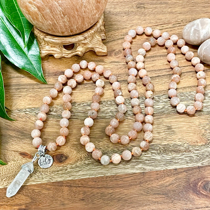Peach Moonstone Heart Opening & Activation 108 Hand Knotted Mala with Point Charm Pendant Necklace