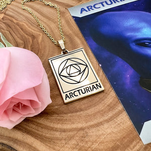 Elizabeth April EA Arcturian 2 Sided Channeled & Attuned Evil Eye Protection Cosmic Species Sacred Geometry Card Tag Pendant 18” Gold Necklace