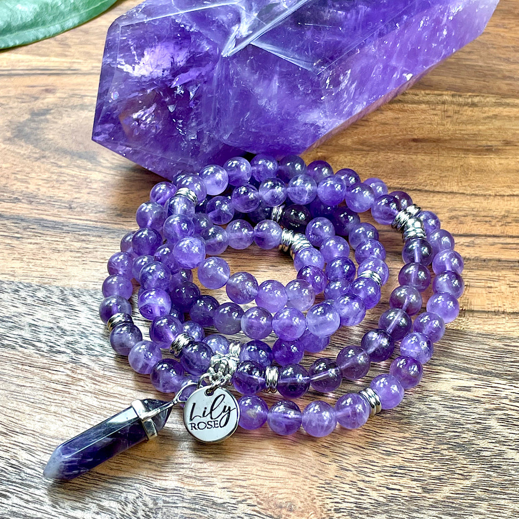 African Amethyst Intuition Queen 108 Mala Necklace Bracelet