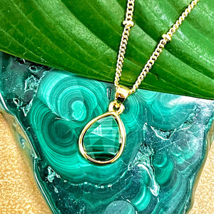 Malachite Power & Transformation Faceted Teardrop Pendant 18” Gold Necklace