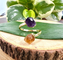 Load image into Gallery viewer, LAST ONE! Amethyst &amp; Citrine Duo Power Energetic Manifestation Adjustable Gold Ring