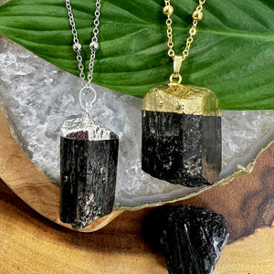 Raw Black Tourmaline Grounding Gemstone Pendant 30” White Gold Necklace