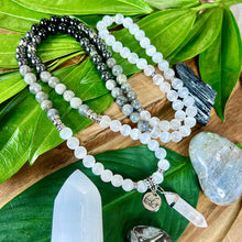 Load image into Gallery viewer, Ombre Collection Energy Transmutation &amp; Earth Roots Selenite Labradorite Hematite Black Tourmaline 108 Stretch Mala Necklace Bracelet