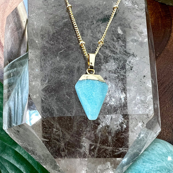 Faceted Shield Amazonite Minimalist Crystal Pendant 14” + 2
