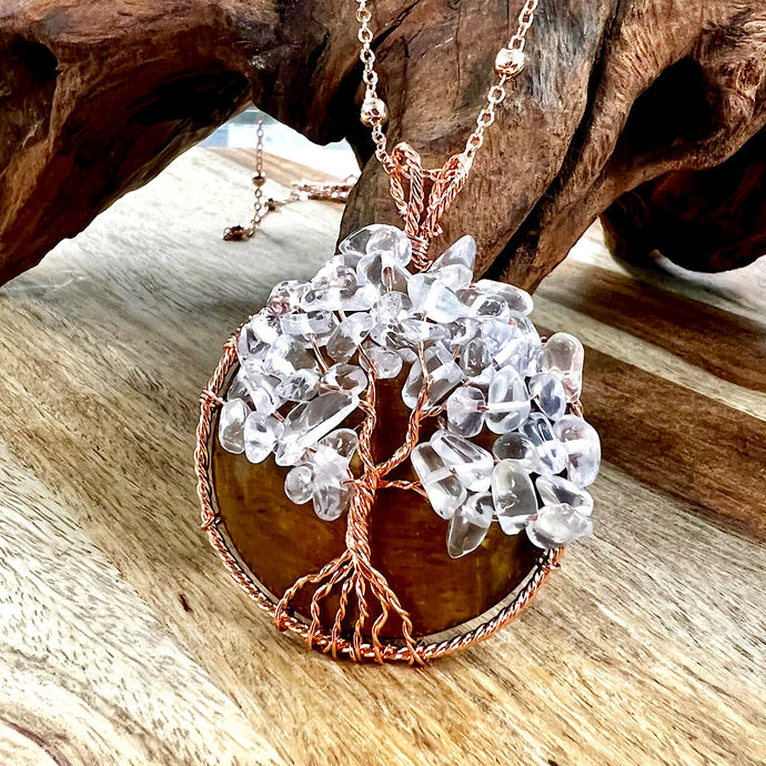 Tree of Life Tigers Eye Clear Quartz Wire Wrapped Healing Crystal Circle Pendant 30” Rose Gold Necklace
