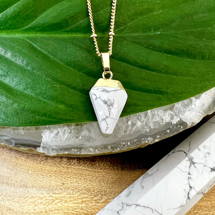 Faceted Shield Howlite Minimalist Crystal Pendant 14” + 2