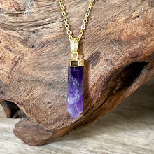 Load image into Gallery viewer, Amethyst Spiritual Intuition Full Tower Point Pendant 18” Gold Necklace