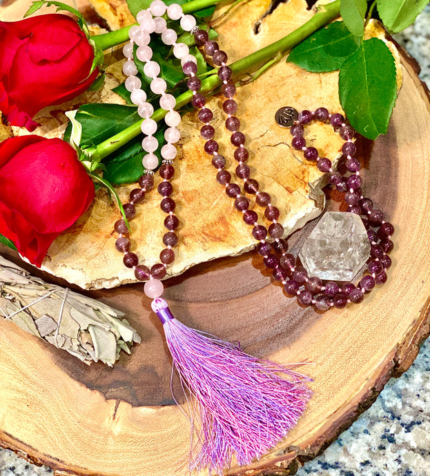 Amethyst & Rose Quartz Love 108 Hand Knotted Mala with Tassel Necklace