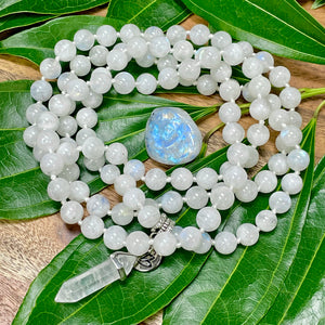 Limited Edition Rainbow Moonstone Miracles & Universal Energy 108 Hand Knotted Mala with Point Charm Pendant Necklace