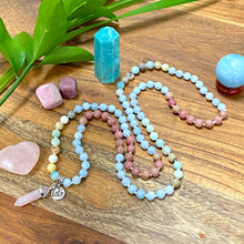 Load image into Gallery viewer, Limited Edition Triple Power Aquamarine, Rhodonite, Amazonite Rebirth Tranquility 108 Hand Knotted Mala with Point Charm Pendant Necklace