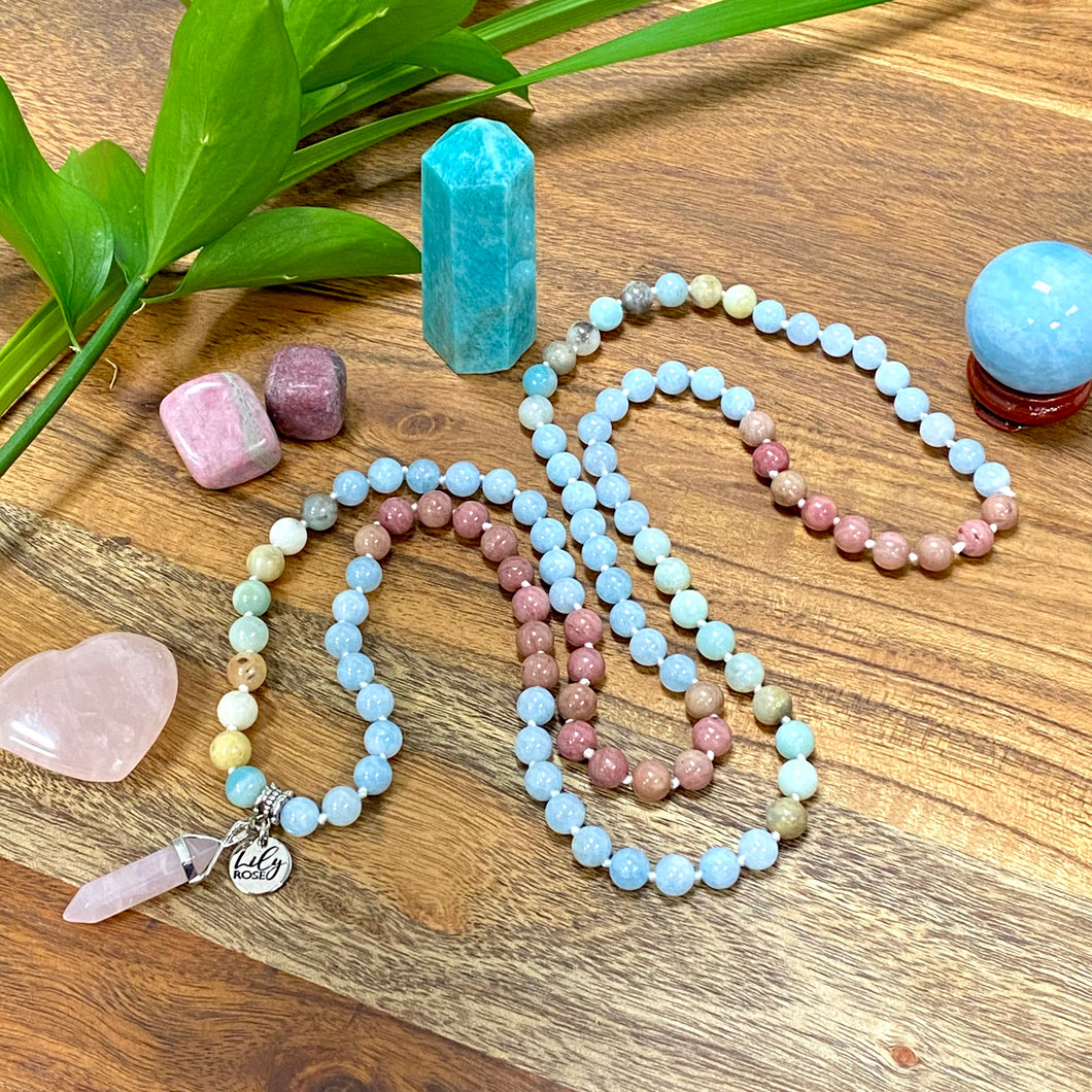 Limited Edition Triple Power Aquamarine, Rhodonite, Amazonite Rebirth Tranquility 108 Hand Knotted Mala with Point Charm Pendant Necklace