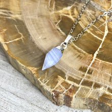 Load image into Gallery viewer, Blue Lace Agate Serenity &amp; Calm Faceted Point Pendant 18&quot; White Gold Necklace