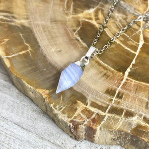 Blue Lace Agate Serenity & Calm Faceted Point Pendant 18" White Gold Necklace