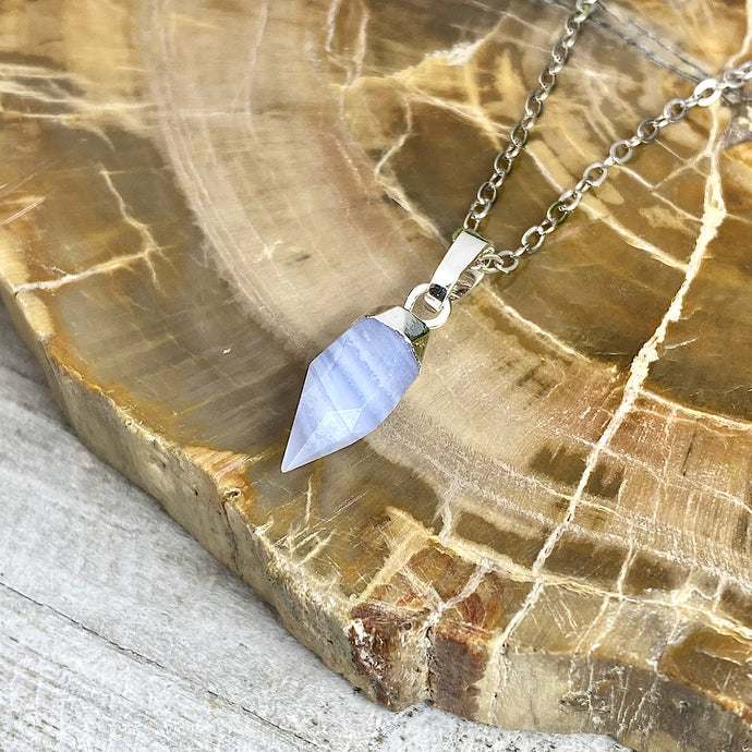 Blue Lace Agate Serenity & Calm Faceted Point Pendant 18