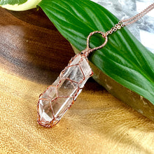 Load image into Gallery viewer, Basket Weave Wire Wrapped Crystal Clear Quartz Raw Pendant 30” Rose Gold Necklace