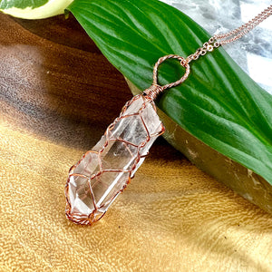 Basket Weave Wire Wrapped Crystal Clear Quartz Raw Pendant 30” Rose Gold Necklace