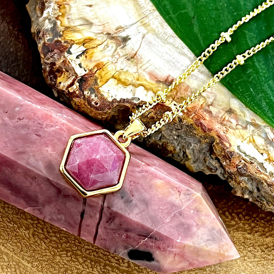 Rhodonite Minimalist Faceted Hexagon Compassion Crystal Pendant 18” Gold Necklace