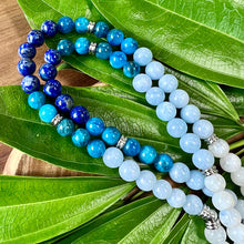 Load image into Gallery viewer, Ombre Collection Anti-Anxiety &amp; Psychic Development Rainbow Moonstone Aquamarine Lapis Blue Apatite 108 Stretch Mala Necklace Bracelet