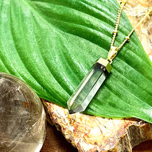 Load image into Gallery viewer, Light Clear Smoky Quartz Purification &amp; Invisibility Cloak Full Tower Point Pendant 18&quot; Gold Necklace