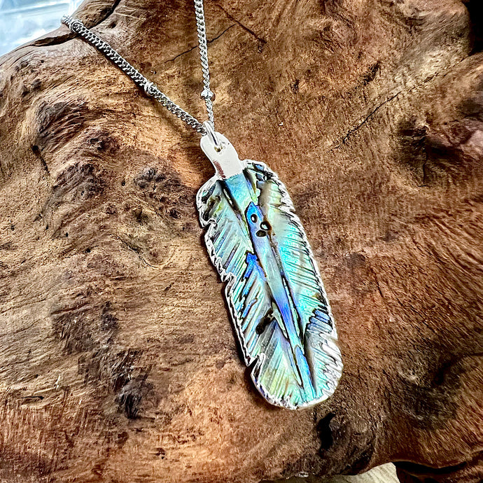 Abalone Shell Beautiful Little Feather Pendant 18” White Gold Necklace