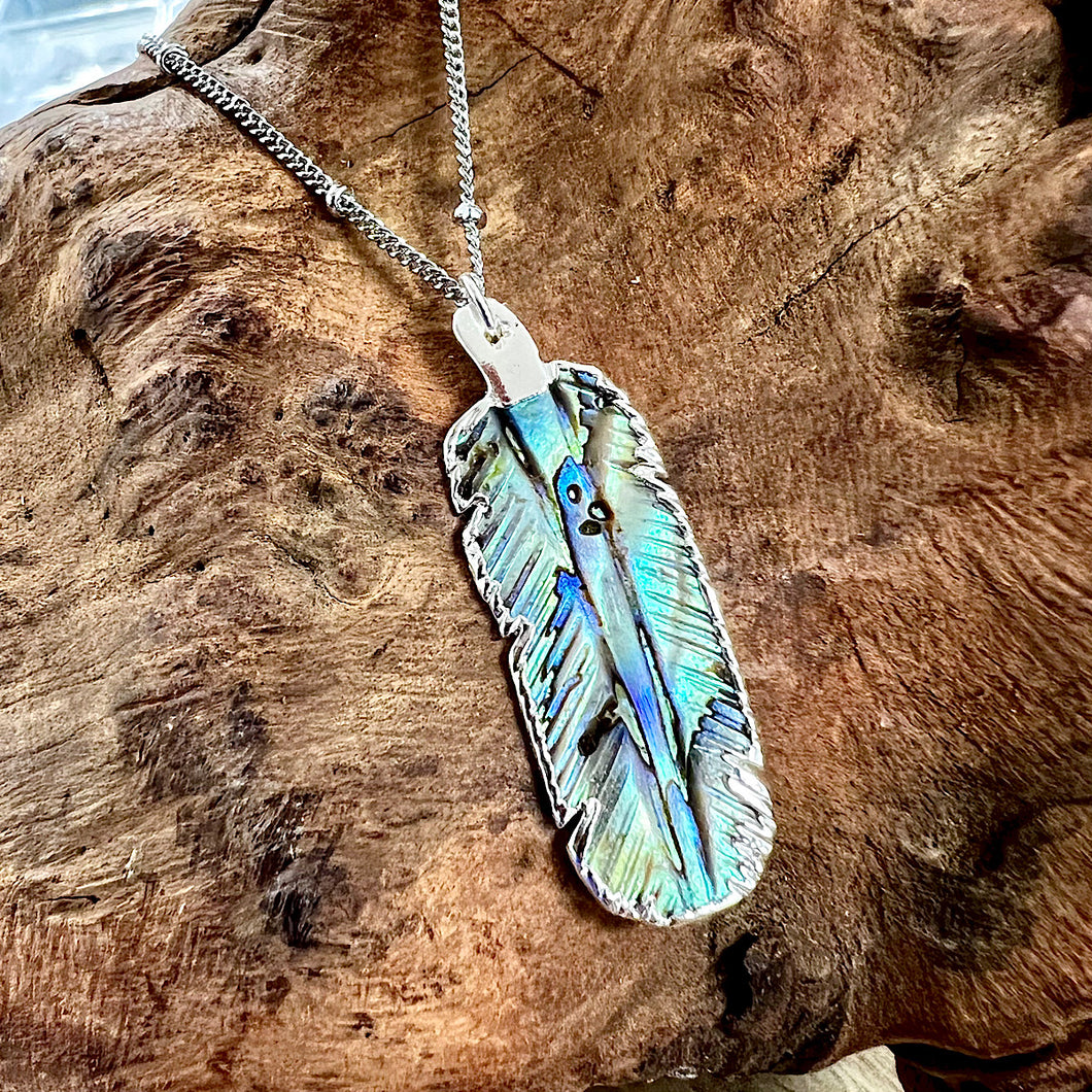 Abalone Shell Beautiful Little Feather Pendant 18” White Gold Necklace