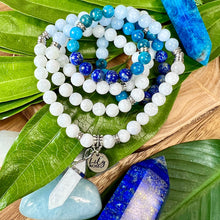 Load image into Gallery viewer, Ombre Collection Anti-Anxiety &amp; Psychic Development Rainbow Moonstone Aquamarine Lapis Blue Apatite 108 Stretch Mala Necklace Bracelet