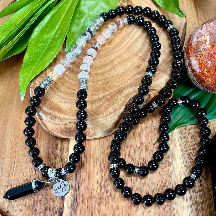 Garden Quartz Black Onyx Shadow Work & Lasting Change 108 Stretch Mala Necklace Bracelet