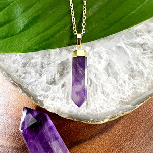 Amethyst Spiritual Intuition Full Tower Point Pendant 18” Gold Necklace