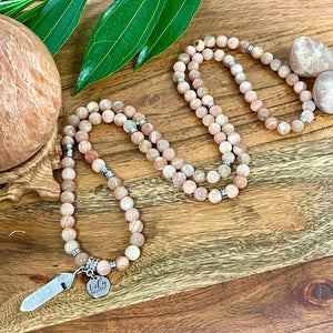 Peach Moonstone Heart Opening & Activation 108 Stretch Mala Necklace Bracelet