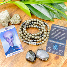 Load image into Gallery viewer, RETIRED - 8mm Elizabeth April Channeled Grey Zeta Sacred Geometry Limited Edition Cosmic Species Stretch Mala Bracelet Necklace