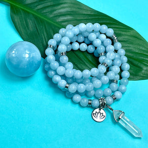 Aquamarine Conscious Awareness Relaxation 108 Mala Necklace Bracelet