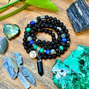 Limited Edition Spirit Master Black Onyx Elite Shungite Malachite Kyanite Labradorite Tourmaline 108 Mala Necklace Bracelet