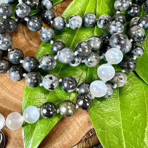 Limited Evil Eye Protection Labradorite Larvakite Pyrite Hematite Selenite Satin Spar 108 Hand Knotted Mala with Point Charm Pendant Necklace