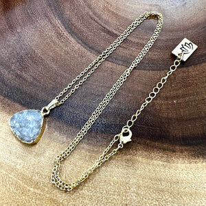 Druzy Quartz Sparkling Mini Geode Triangle Crystal Pendant 18" Gold Necklace