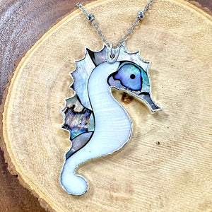 Inner Peace Abalone & Mother of Pearl Seahorse XL Pendant 30” White Gold Necklace