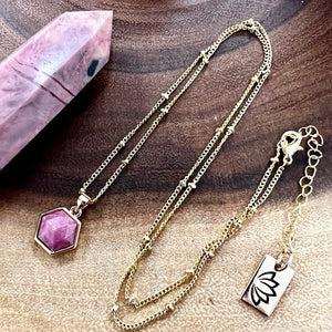 Rhodonite Minimalist Faceted Hexagon Compassion Crystal Pendant 18” Gold Necklace